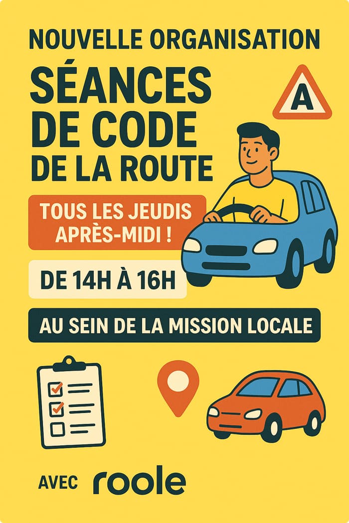 Nouvelle organisation des séances de code de la route à la Mission Locale, tous les jeudis après-midi !